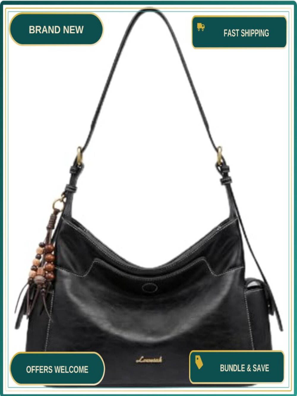 Faux Leather Hobo Crossbody Purse with Tassel Charm Adjustable Strap